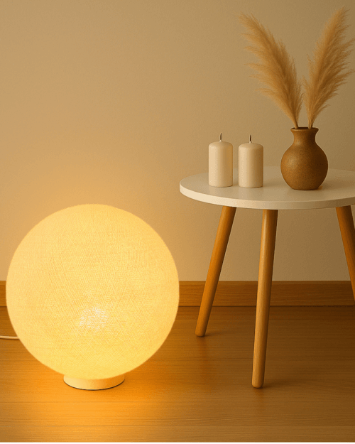 LED Bodenlampe mit handgefertigter Kugel in Creme – perfekte Lampe für Wohnzimmer, Schlafzimmer oder Kinderzimmer.