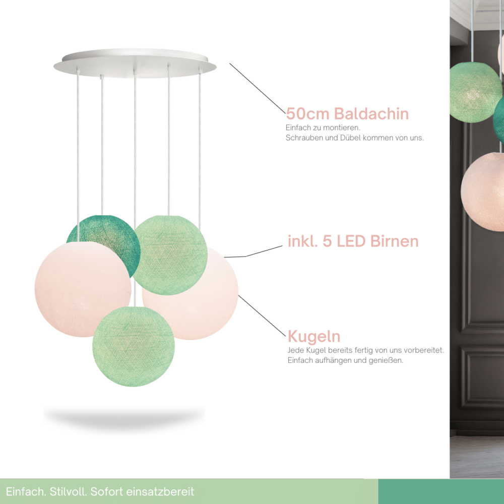 LED Pendellampe mit Kugeln in Mint und Aqua – dekorative Leuchte für Wohnzimmer und Schlafzimmer.
