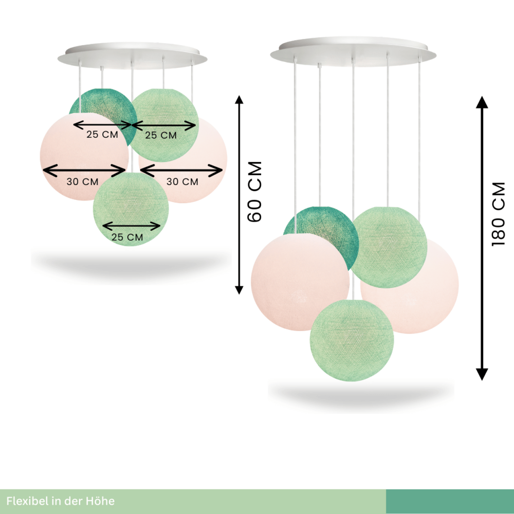 Pendelleuchte mit Baumwollkugeln in Aqua Mint – LED Lampe für Kinderzimmer und Babyzimmer.