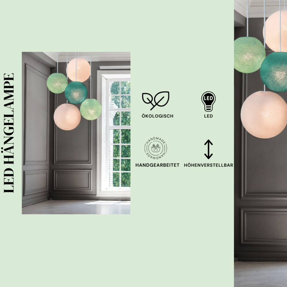 Hängelampe Mint und Aqua – LED Hängeleuchte mit Baumwollkugeln für Flur, Gang oder Essbereich.