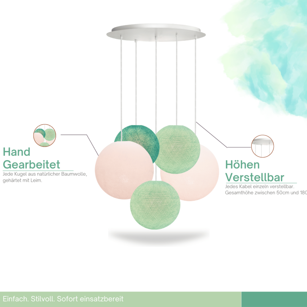 Hängeleuchte mit Baumwollkugeln in Aqua und Mint – elegante LED Hängelampe für Flur und Gang.