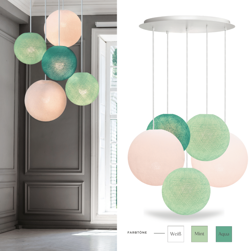 Pendelleuchte Mint Aqua – LED Hängeleuchte mit Baumwollkugeln für Kinderzimmer und Babyzimmer.