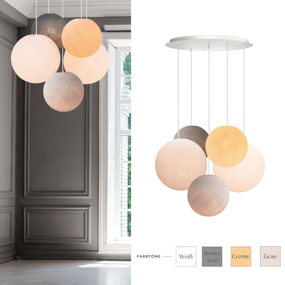 LED Hängelampe mit Baumwollkugeln in Weiß, Grau, Dunkelgrau und Creme – elegante Pendelleuchte fürs Wohnzimmer.