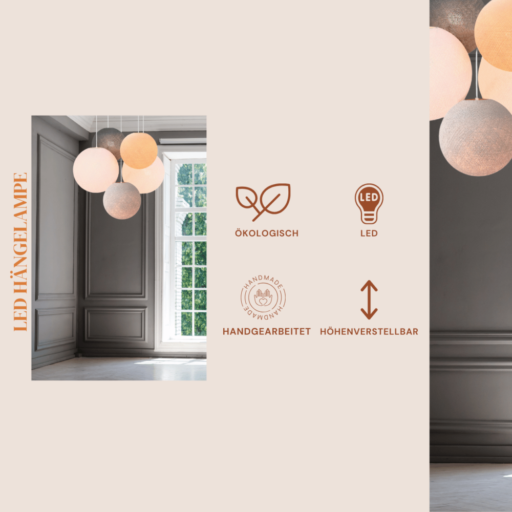 LED Hängelampe Grau Weiß Creme – Pendelleuchte mit Baumwollkugeln in edler Farbkombination.