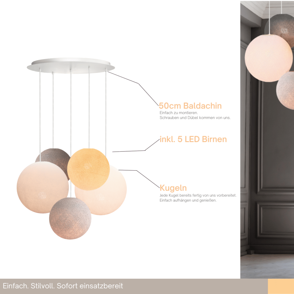 LED Hängeleuchte mit Baumwollkugeln in Weiß, Dunkelgrau, Creme und Grau – moderne Pendellampe für Esszimmer.