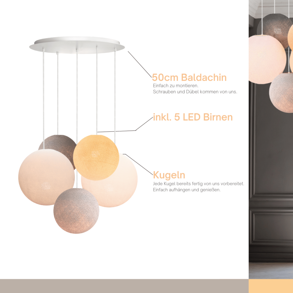 Moderne 5-flammige Pendellampe mit Baumwollkugeln in Naturtönen – LED Beleuchtung für Wohnzimmer oder Schlafzimmer.