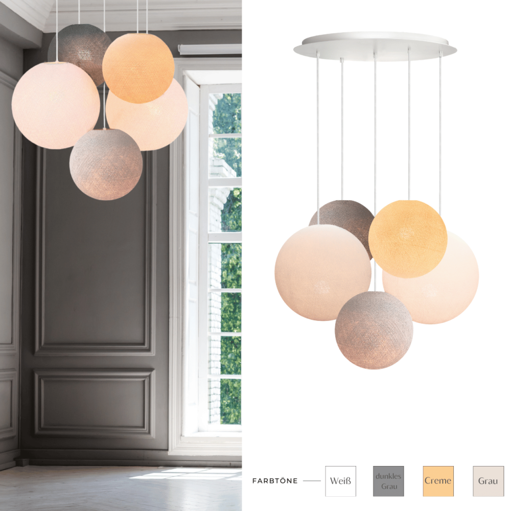 LED Hängeleuchte mit fünf runden Baumwollkugeln in Grau, Beige, Braun und Weiß – stilvolle Beleuchtung für Esszimmer.