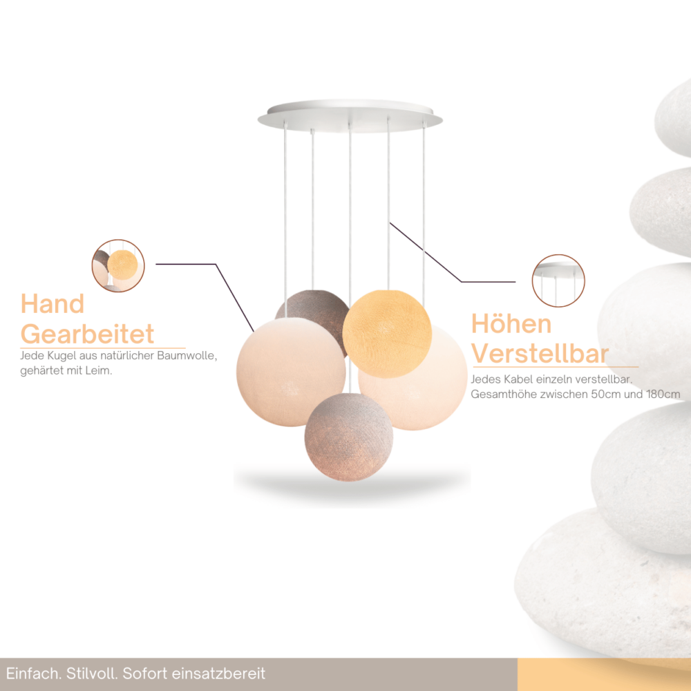 5-flammige LED Pendelleuchte mit Baumwollkugeln in Grau, Beige, Braun und Weiß – dekorative Hängeleuchte fürs Wohnzimmer.