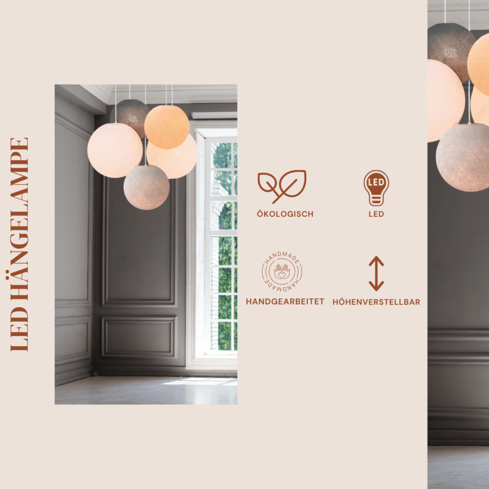 LED Hängelampe aus Baumwolle – 5-flammige Pendelleuchte in Grau, Beige, Braun und Weiß für modernes Wohndesign.