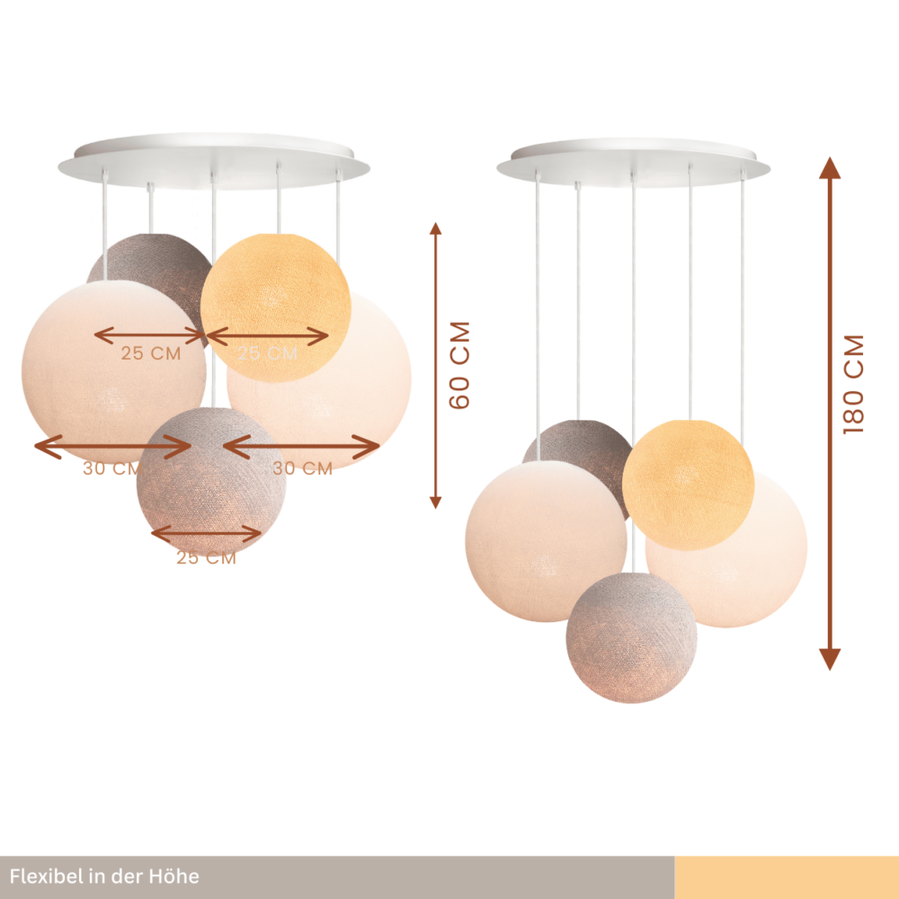 Pendelleuchte mit fünf LED-Baumwollkugeln in Grau, Beige, Braun und Weiß – elegante Hängeleuchte für Wohn- und Schlafräume.