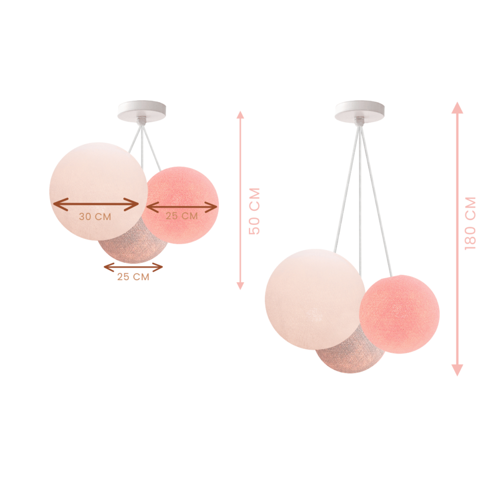 LED Pendellampe 3-flammig mit Kugeln in Rosa, Grau und Weiß – Hängeleuchte fürs Wohnzimmer oder Flur.