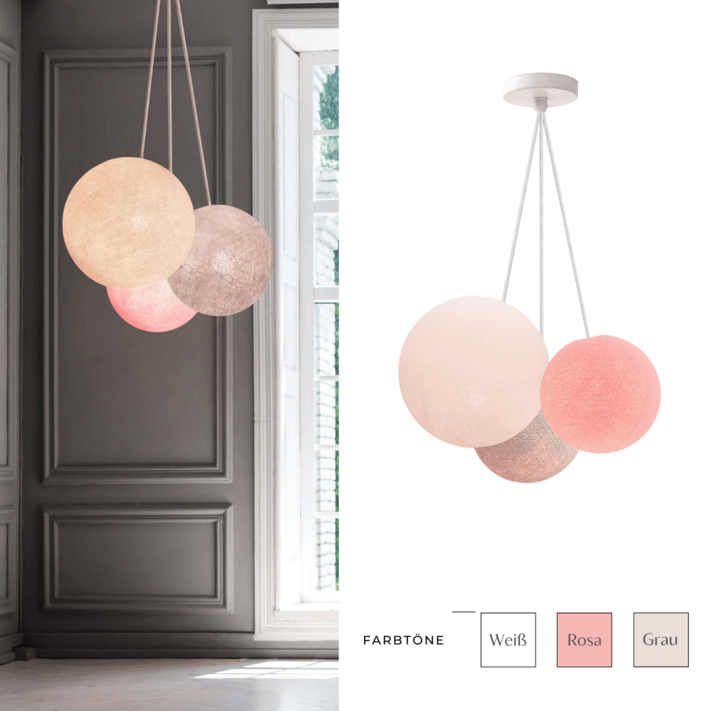 Pendelleuchte mit drei Kugeln in Weiß, Grau und Rosa – LED Hängeleuchte fürs Esszimmer und Esstisch.
