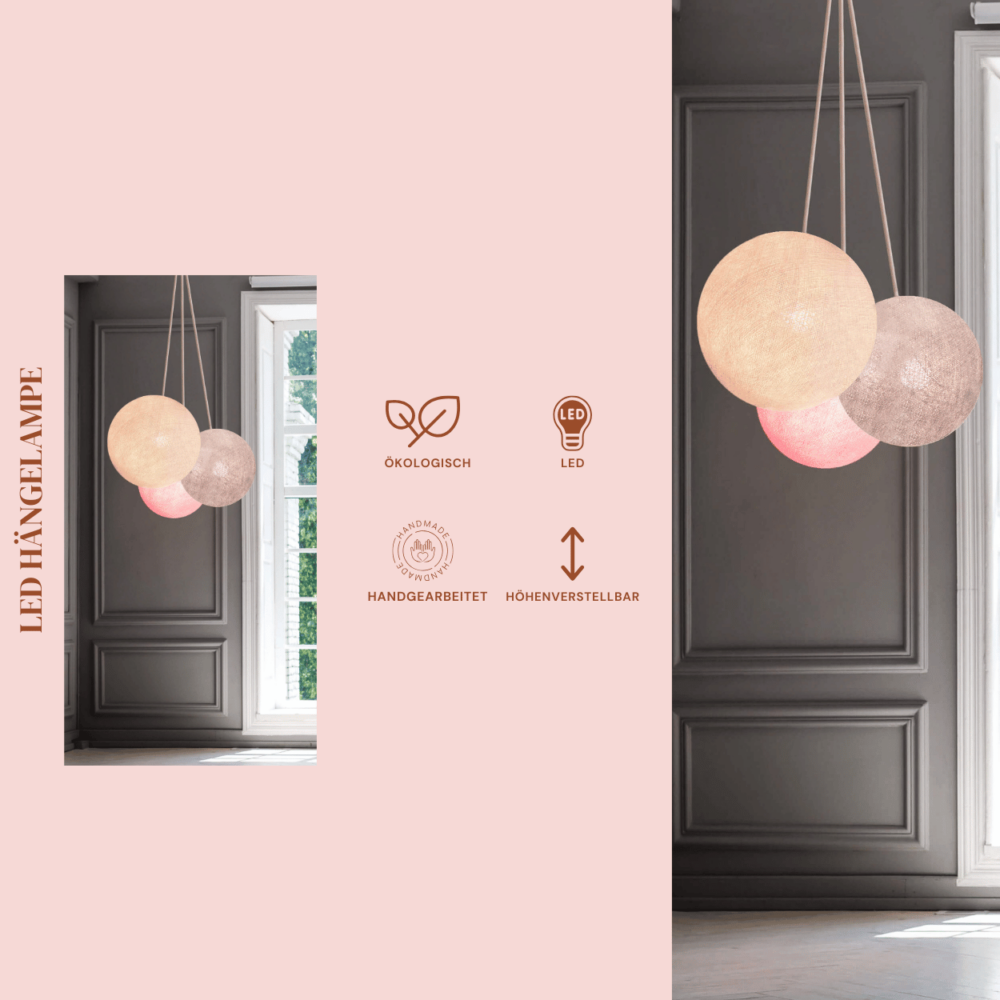 3-flammige Hängeleuchte Weiß Grau Rosa – moderne Pendellampe fürs Wohnzimmer oder Jugendzimmer.