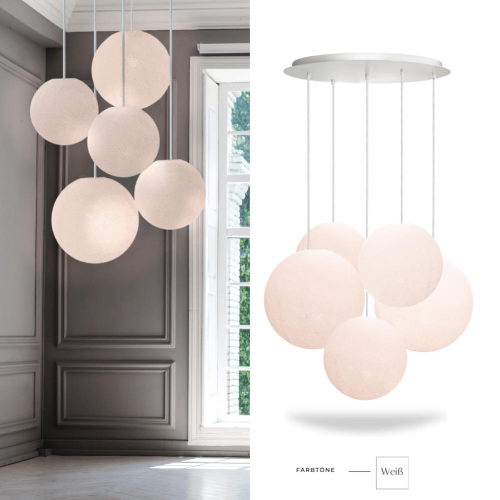 LED Hängelampe mit fünf weißen Baumwollkugeln – elegante Pendelleuchte für Wohnzimmer oder Schlafzimmer.