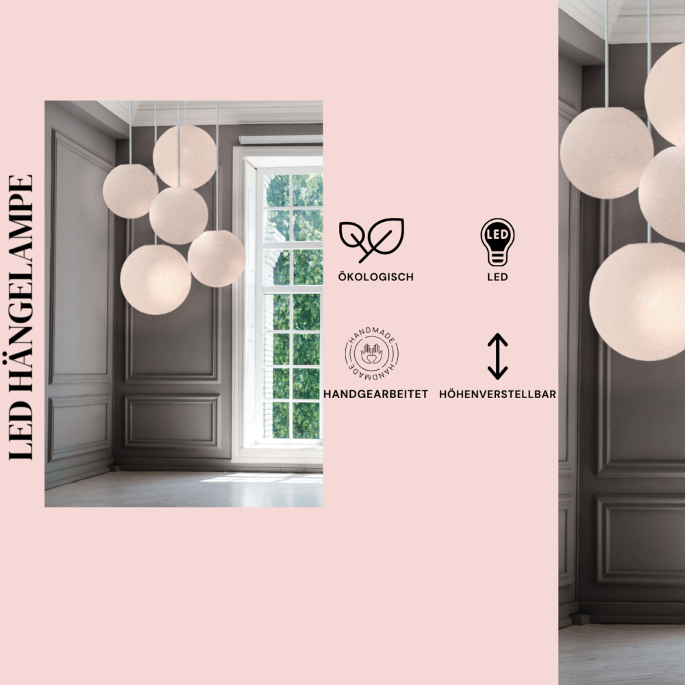 LED Hängelampe Weiß – 5-flammige Pendelleuchte mit Kugeln aus Baumwolle für modernes Interieur.