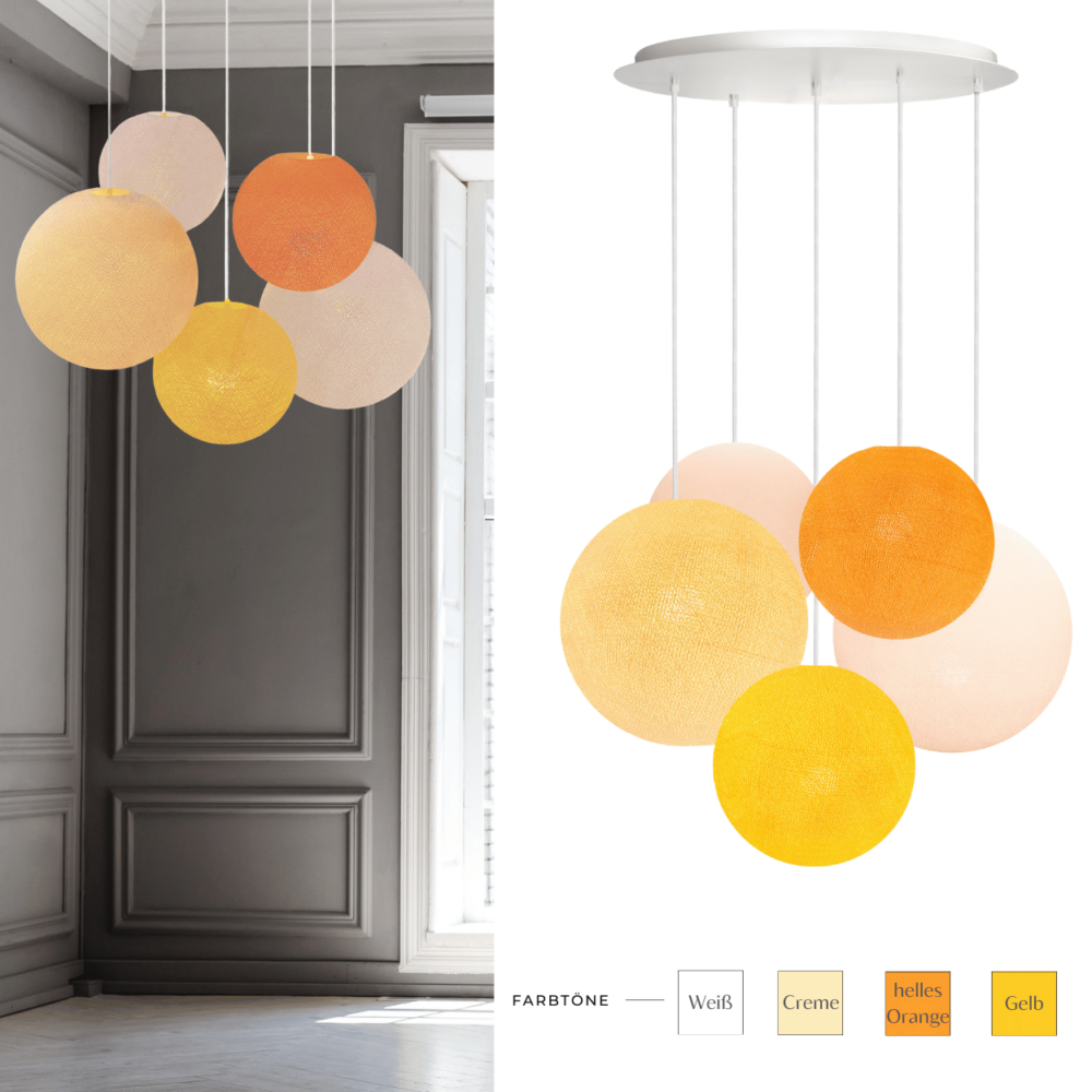 LED Hängelampe mit Baumwollkugeln in Gelb und Orange – fröhliche Pendelleuchte fürs Kinderzimmer.