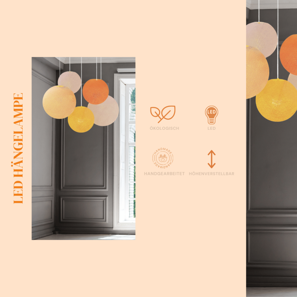 Pendelleuchte mit fünf Baumwollkugeln in Gelb und Orange – LED Hängelampe für fröhliche Kinderzimmergestaltung.