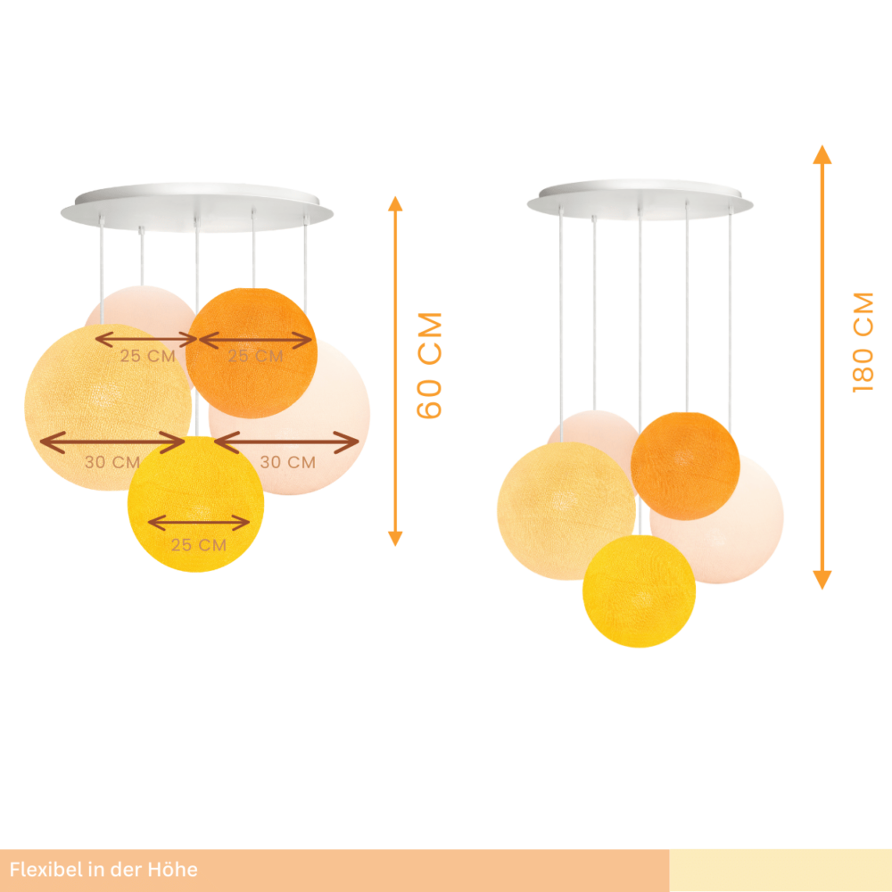 Bunte LED Pendellampe mit Baumwollkugeln in Gelb und Orange – dekorative Hängeleuchte fürs Babyzimmer.
