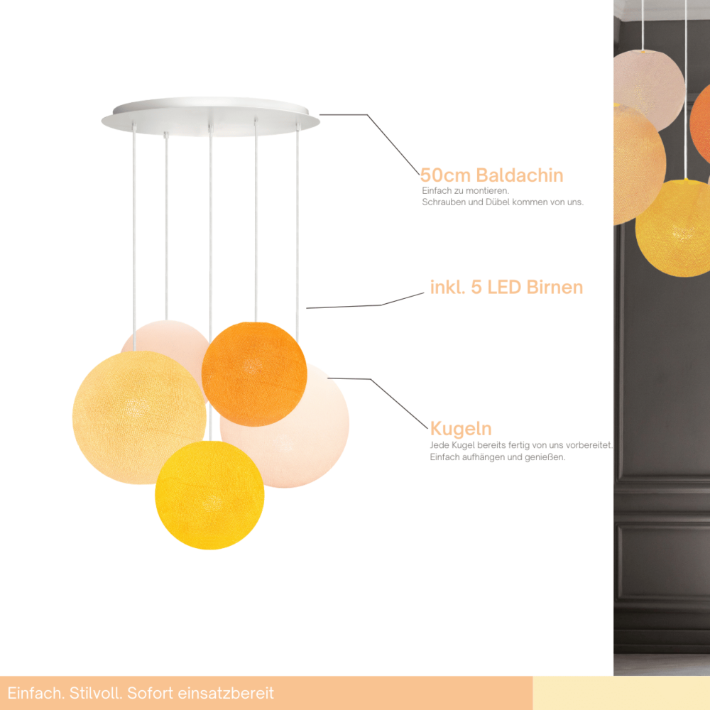 LED Hängeleuchte in Gelb und Orange – Pendellampe mit Baumwollkugeln fürs Kinderzimmer.
