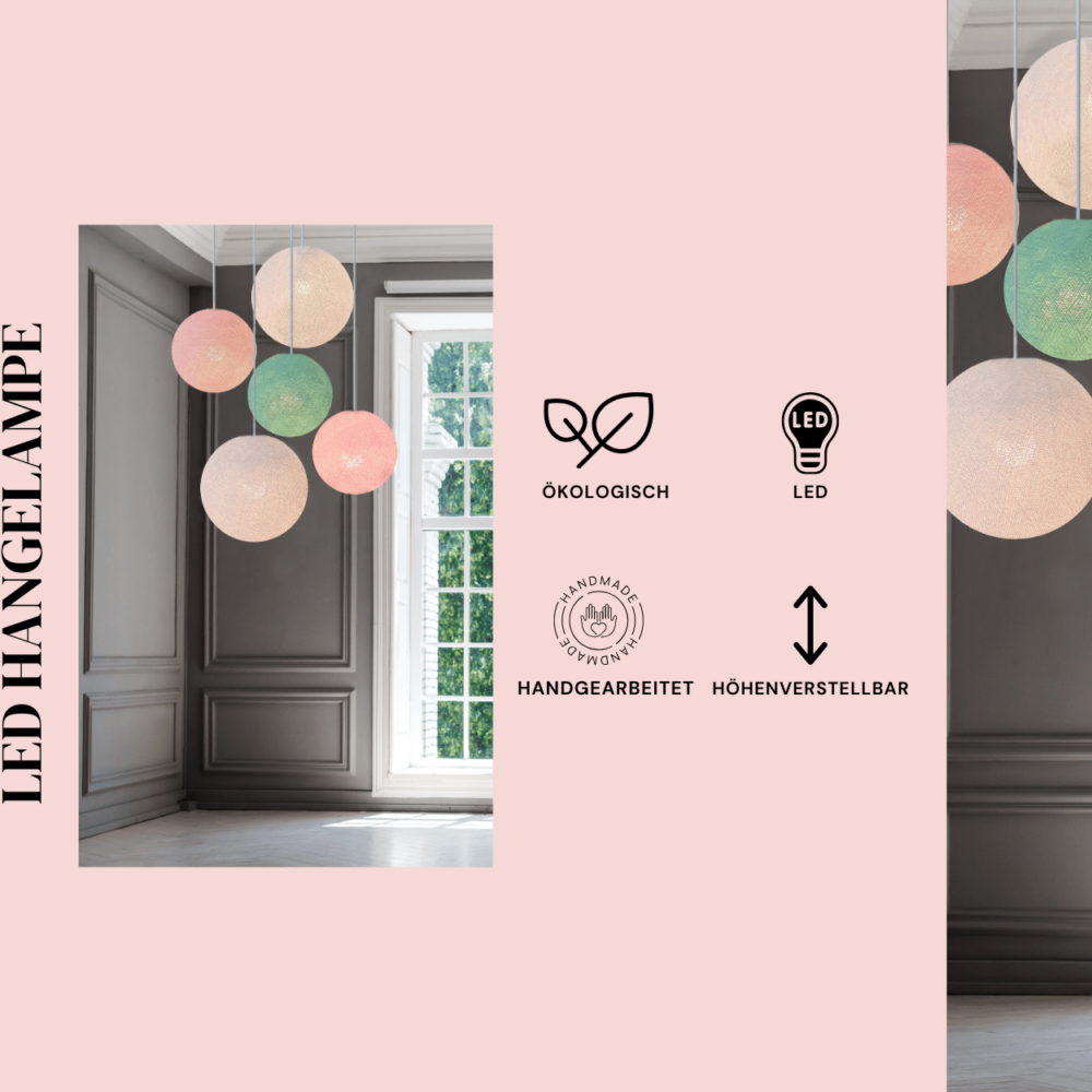 Pendellampe mit fünf Baumwollkugeln in Weiß, Mint und Rosa – LED Hängeleuchte für Kinderzimmer oder Esszimmer.