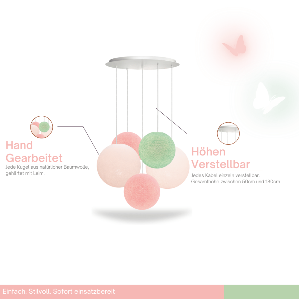 Pendelleuchte mit weißen, mintfarbenen und rosa Baumwollkugeln – LED Hängeleuchte im modernen Design.