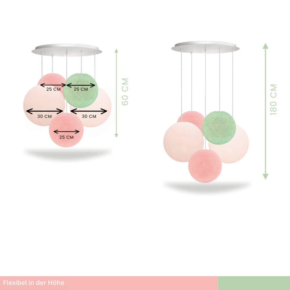 LED Hängeleuchte mit Baumwollkugeln in Rosa, Mint und Weiß – farbenfrohe Pendellampe fürs Schlafzimmer.