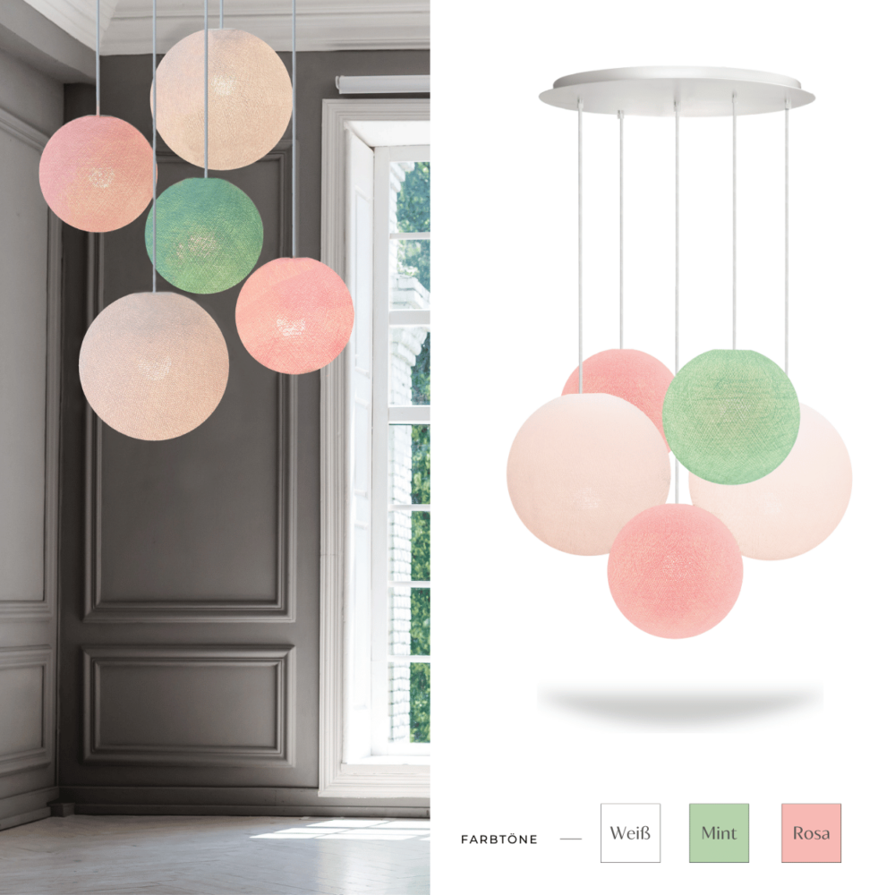 LED Hängelampe mit Baumwollkugeln in Weiß, Mint und Rosa – verspielte Pendelleuchte fürs Kinderzimmer.