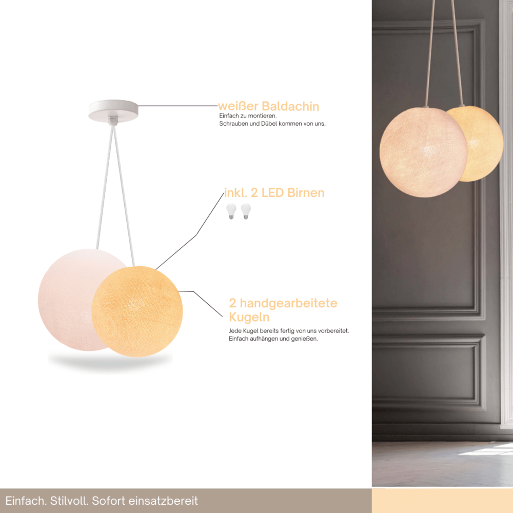 2-flammige Pendelleuchte mit Kugeln in Weiß und Creme – höhenverstellbare LED Hängelampe fürs Wohnzimmer.