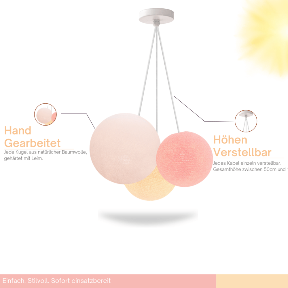 3-flammige LED Hängeleuchte mit Kugeln in Weiß, Creme und Rosa – höhenverstellbare Pendellampe fürs Wohnzimmer.