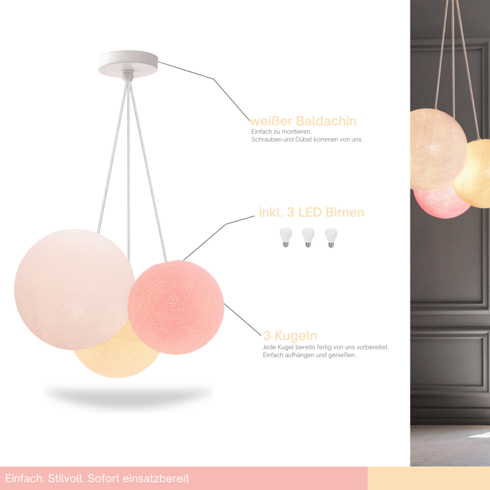 Pendelleuchte 3-flammig Rosa Creme Weiß – moderne LED Lampe fürs Mädchenzimmer oder Jugendzimmer.