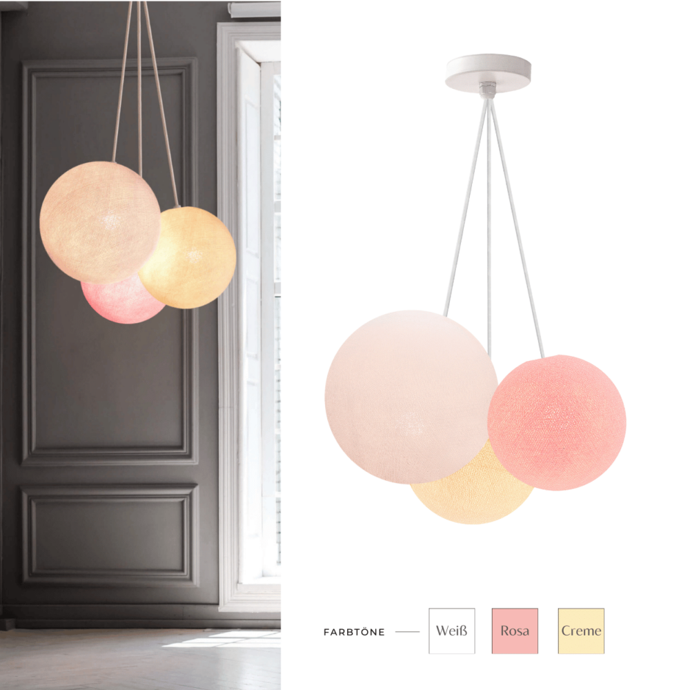 Pendellampe Weiß Creme Rosa – 3-flammige LED Hängeleuchte mit Kabel für Flur und Treppenhaus.