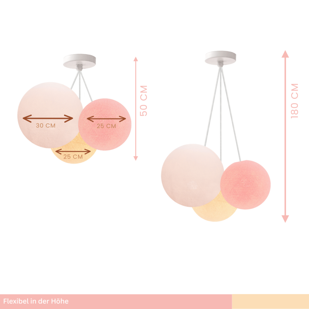 LED Pendelleuchte mit drei Kugeln in Rosa, Creme und Weiß – Hängelampe für Esszimmer und Esstisch.