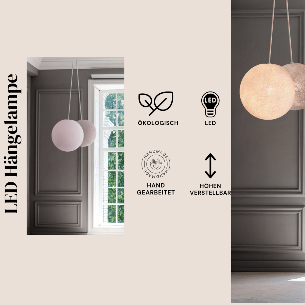2-flammige Hängeleuchte mit Baumwollkugeln in Weiß und Grau – moderne Lampe für Gang und Schlafzimmer.