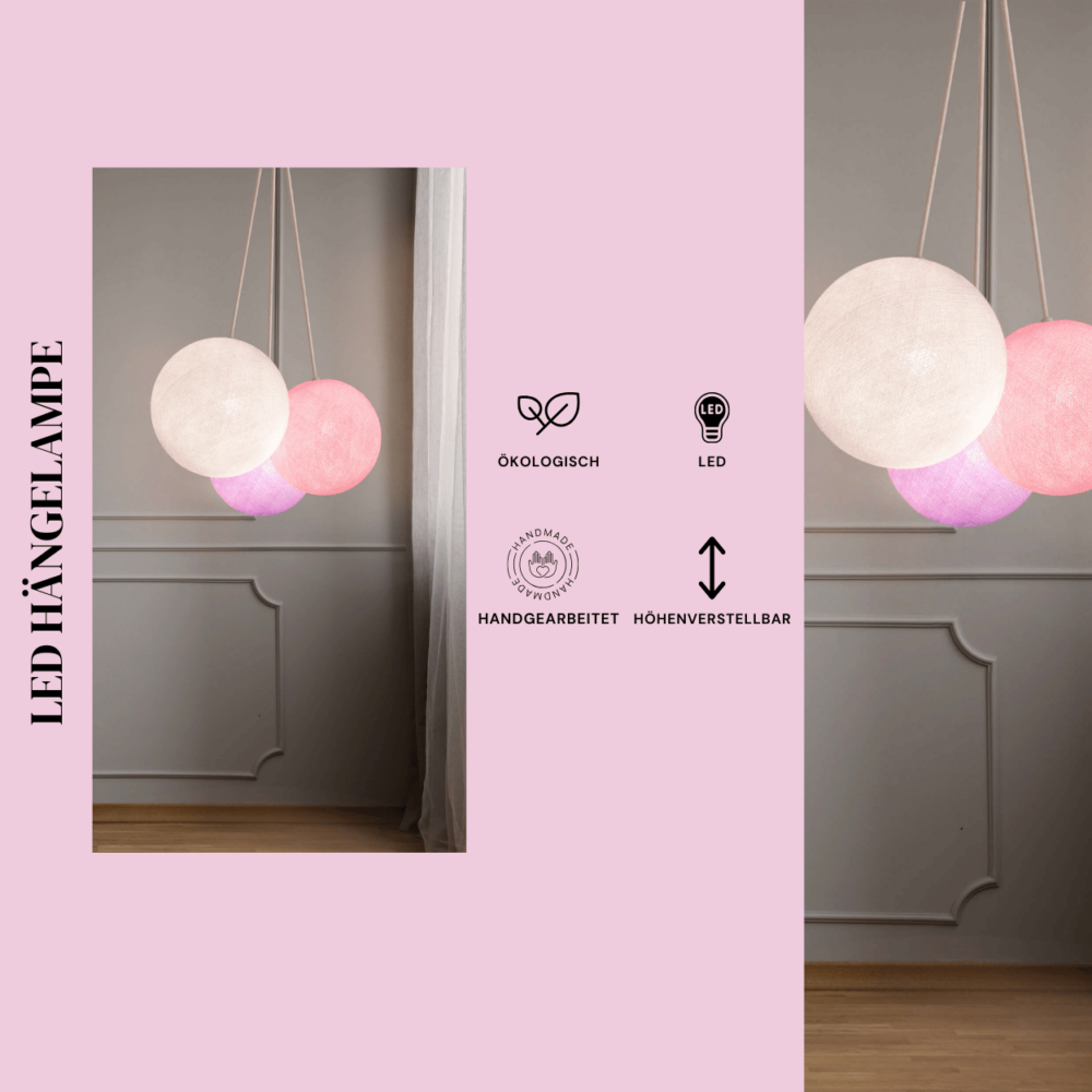 Hängelampe 3-flammig Rosa Weiß Violett – LED Hängeleuchte für Mädchenzimmer oder Essbereich.