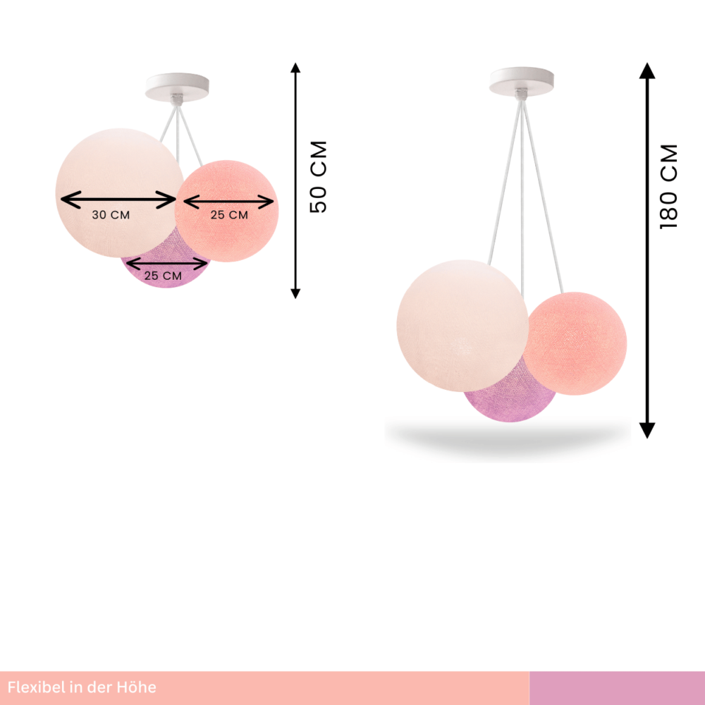 Pendellampe mit Kugeln in Rosa, Weiß und Hellviolett – höhenverstellbare LED Leuchte fürs Wohnzimmer oder Schlafzimmer.