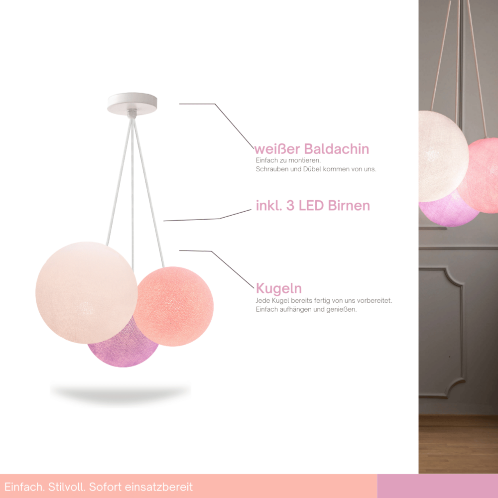3-flammige Hängeleuchte Weiß Rosa Violett – LED Pendellampe fürs Jugendzimmer.