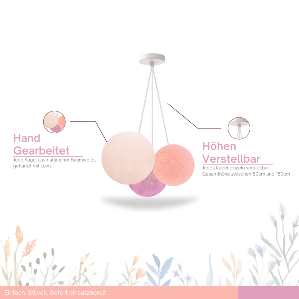 Pendelleuchte mit drei Kugeln in Weiß, Rosa und Hellviolett – LED Hängeleuchte für Esszimmer und Esstisch.