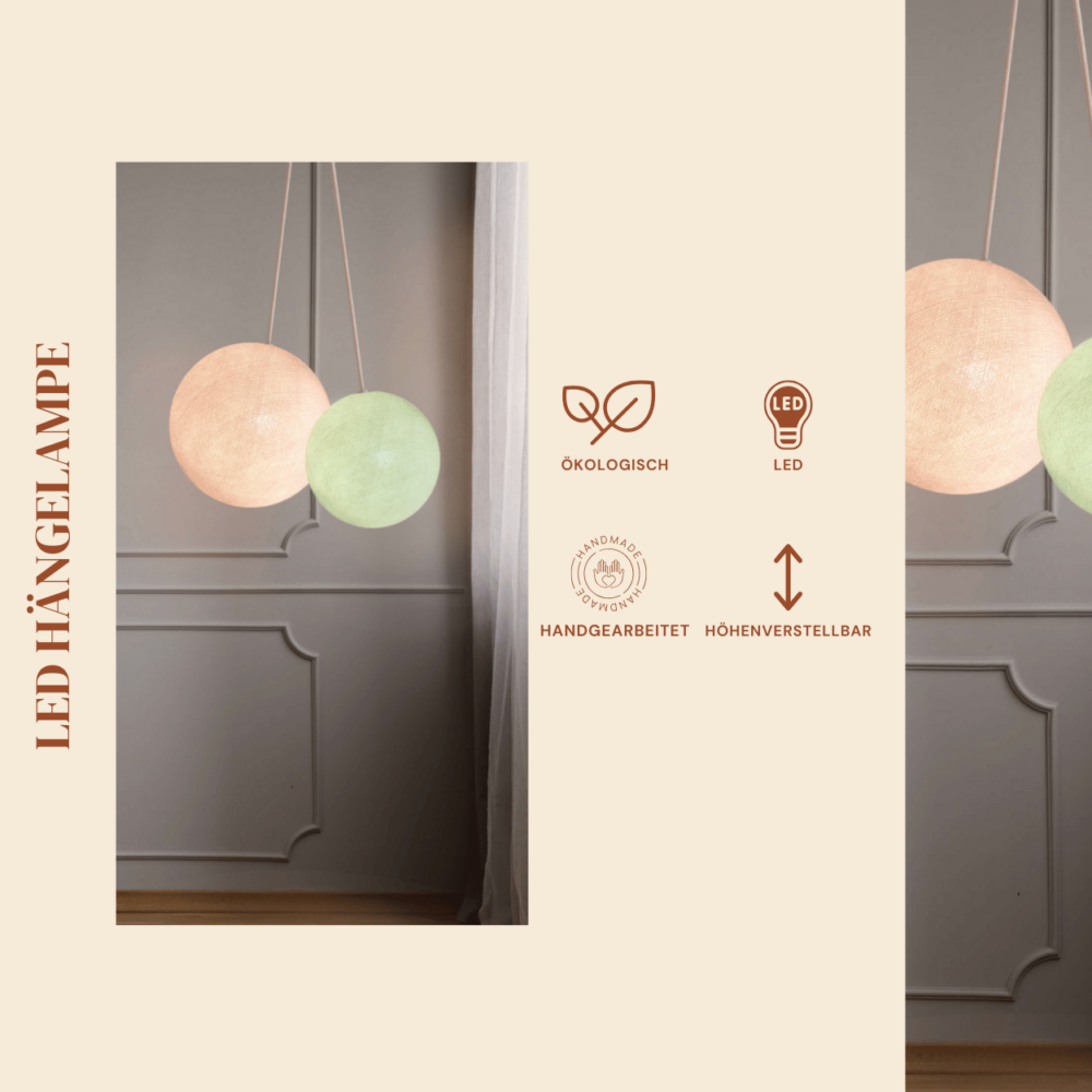Pendelleuchte mit zwei Baumwollkugeln in Mint und Weiß – moderne Hängeleuchte für Kinderzimmer und Wohnzimmer.