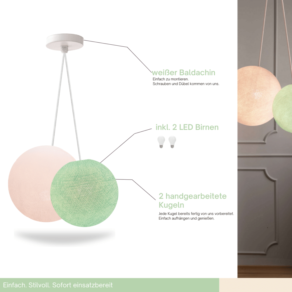 Pendellampe 2-flammig mit Baumwollkugeln in Mint und Weiß – Hängeleuchte fürs Babyzimmer.