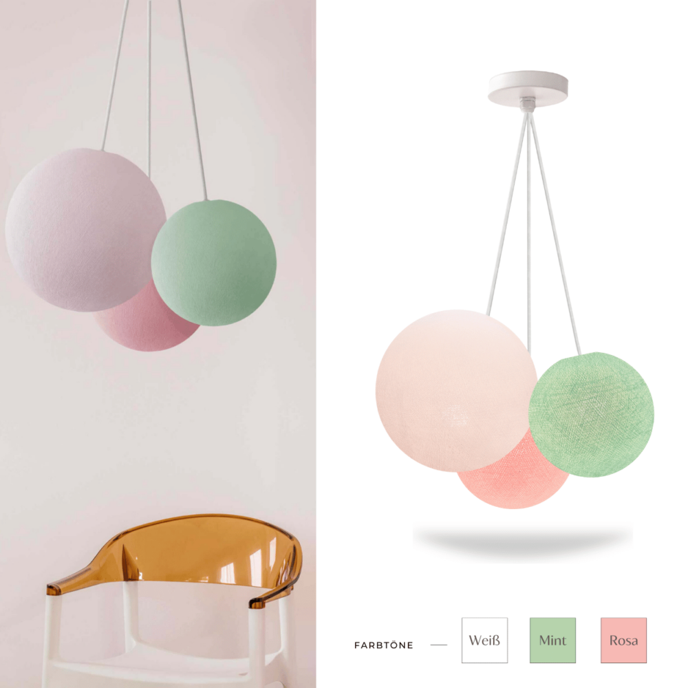Pendelleuchte mit Kugeln in Rosa, Weiß und Mint – LED Hängeleuchte höhenverstellbar für Wohnzimmer und Schlafzimmer.
