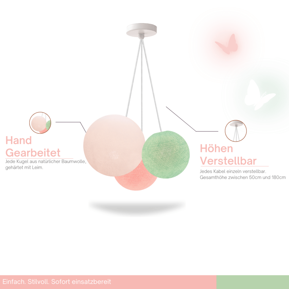 Hängelampe 3-flammig mit Kugeln in Weiß, Rosa und Mint – LED Leuchte fürs Schlafzimmer.