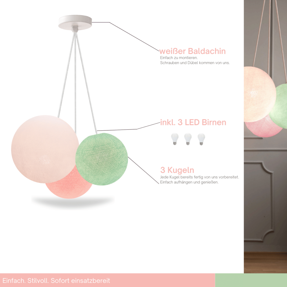 Pendelleuchte Mint Rosa Weiß – LED Hängeleuchte 3-flammig mit Kabel für Flur und Treppenhaus.