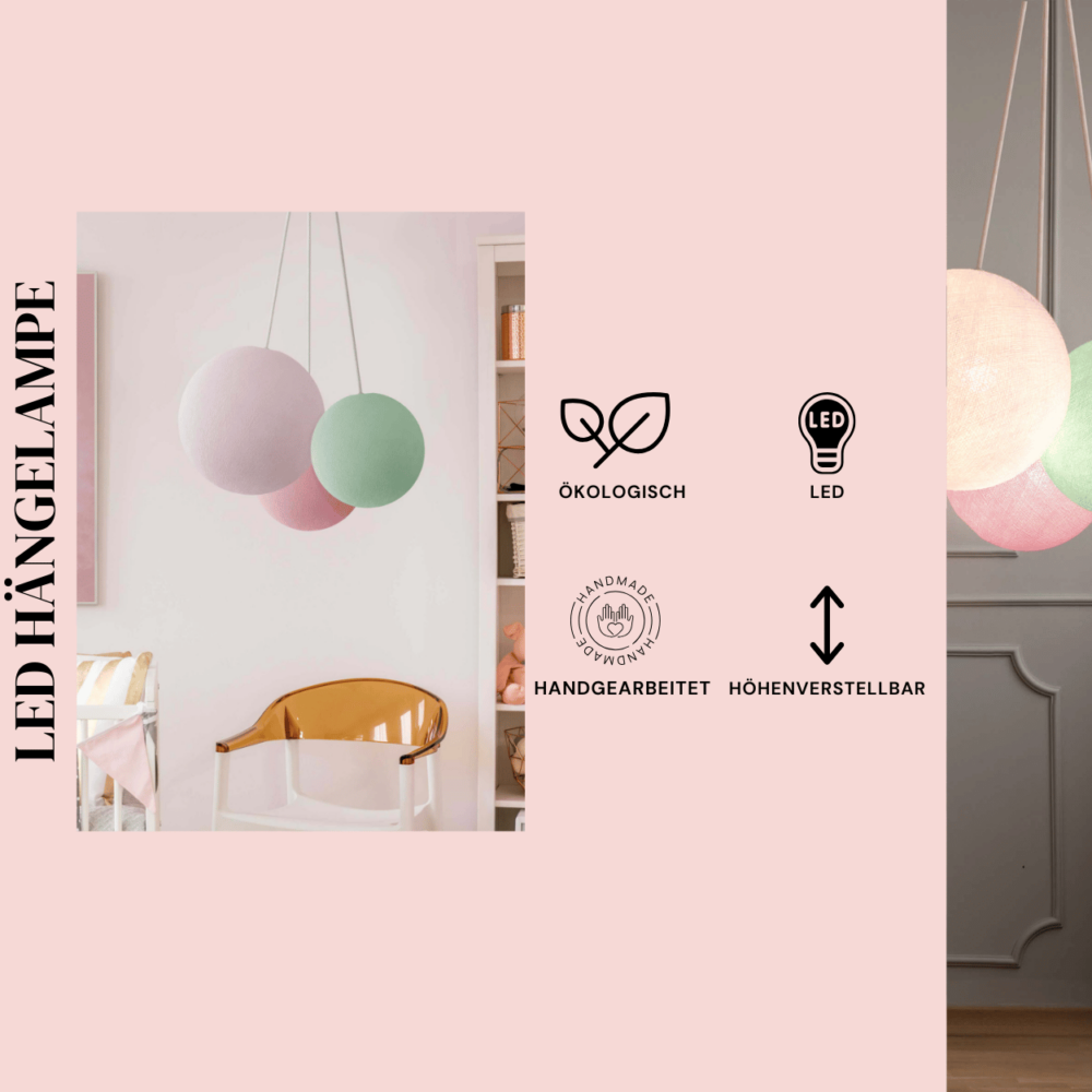 LED Pendelleuchte mit drei Kugeln in Mint, Rosa und Weiß – Hängelampe für Esszimmer und Esstisch.