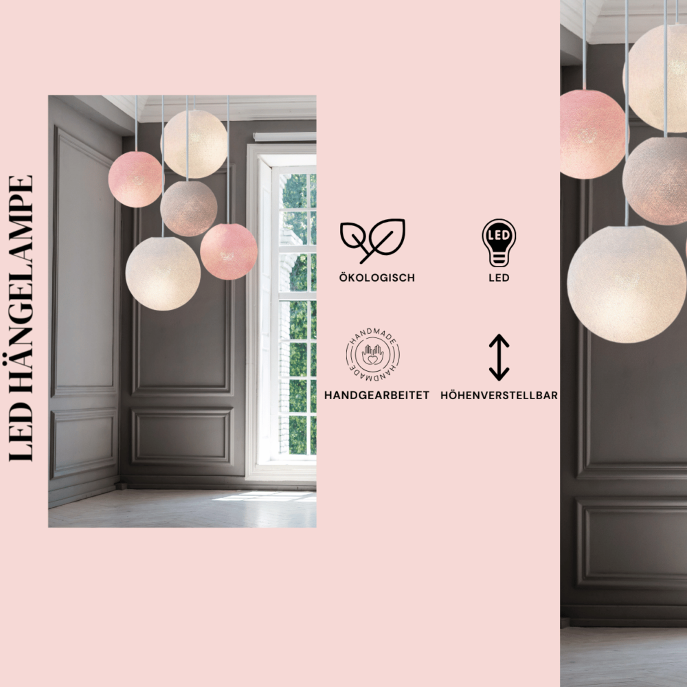 Hängelampe mit fünf Baumwollkugeln in Rosa, Weiß und Grau – dekorative Pendelleuchte fürs Babyzimmer.