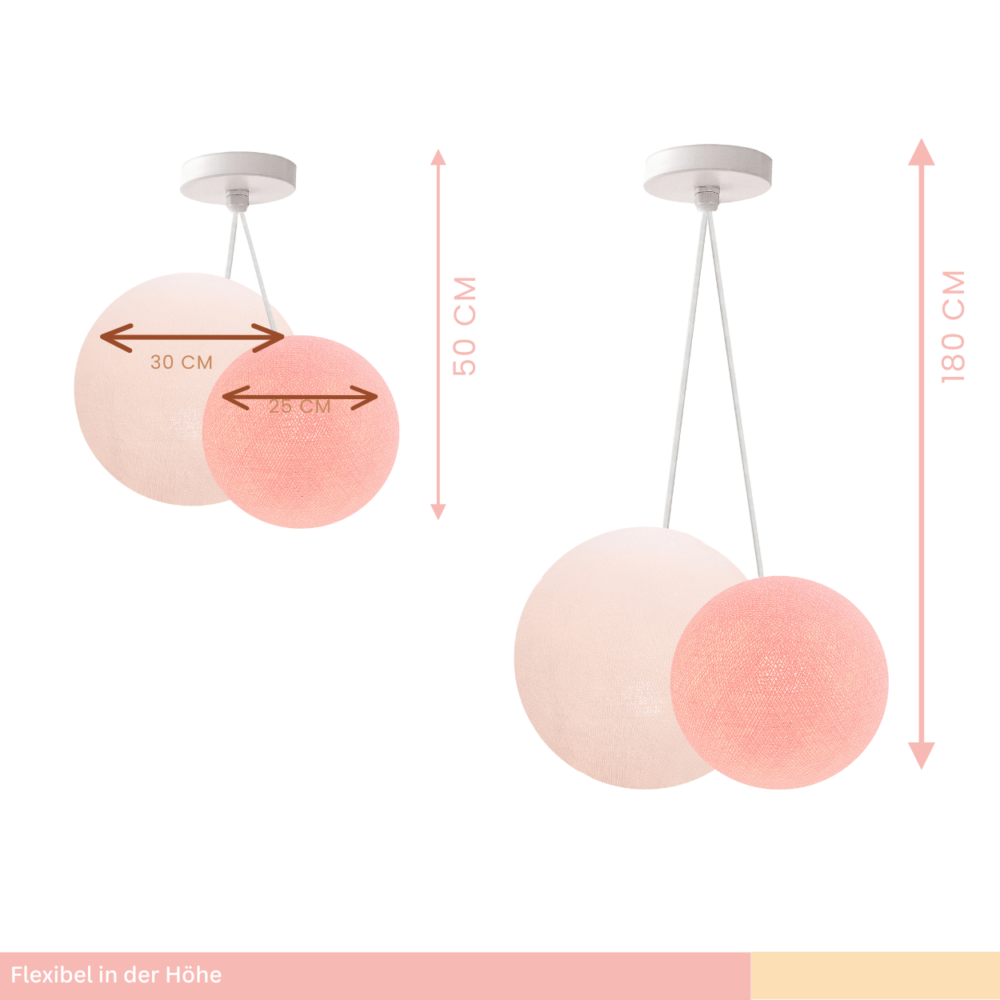 LED Hängeleuchte mit Baumwollkugeln in Rosa und Weiß – moderne 2-flammige Leuchte für den Flur.
