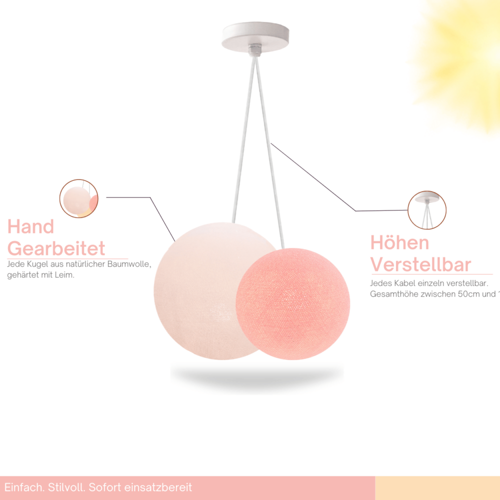 Hängelampe mit zwei Baumwollkugeln in Weiß und Rosa – elegante Pendelleuchte fürs Schlafzimmer.