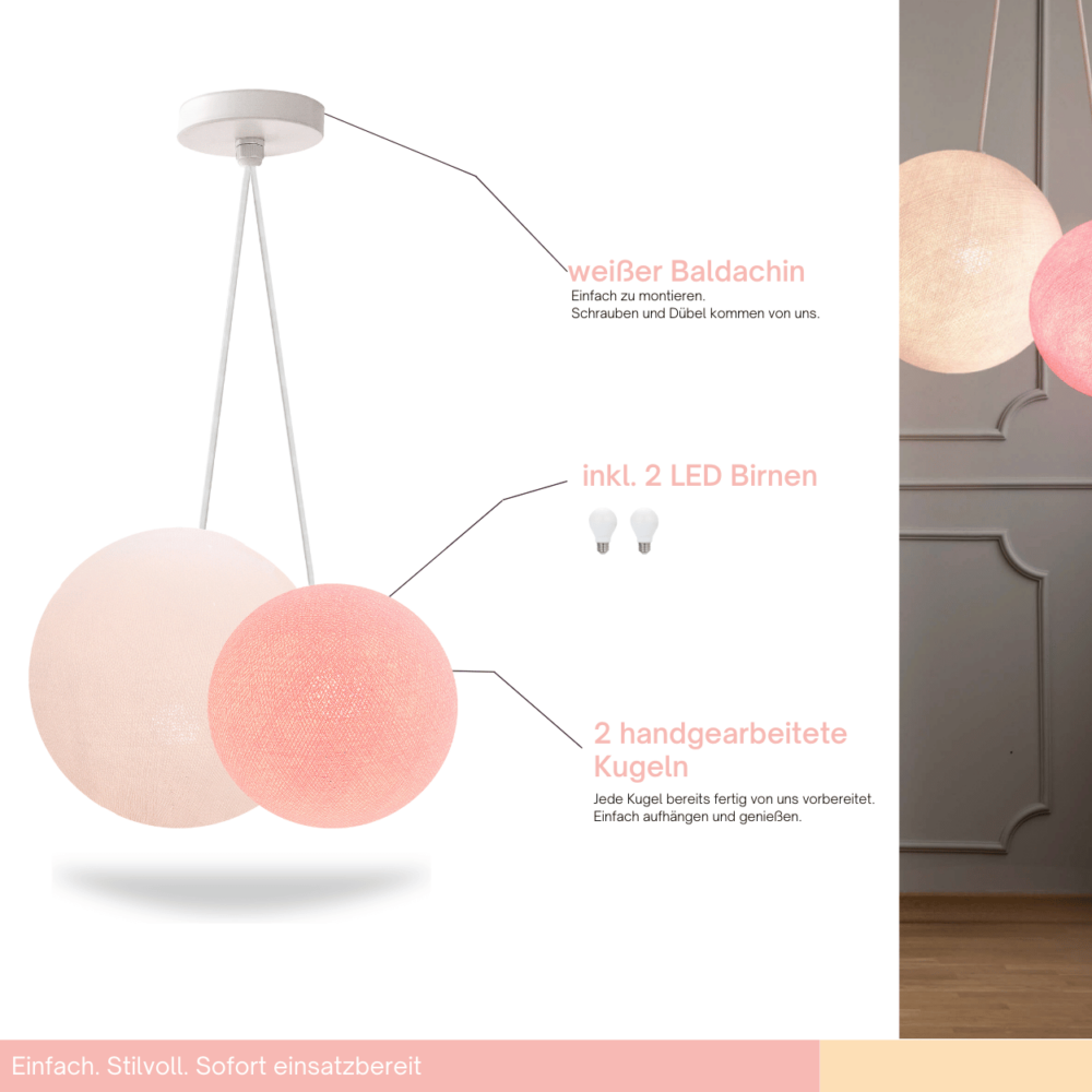 Pendelleuchte 2-flammig mit weißen und rosa Baumwollkugeln – Hängeleuchte für Babyzimmer und Kinderzimmer.