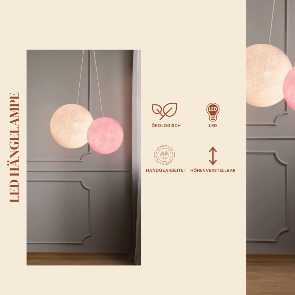 Weiße und rosa Pendellampe – 2-flammige LED Hängelampe für moderne Wohnräume.