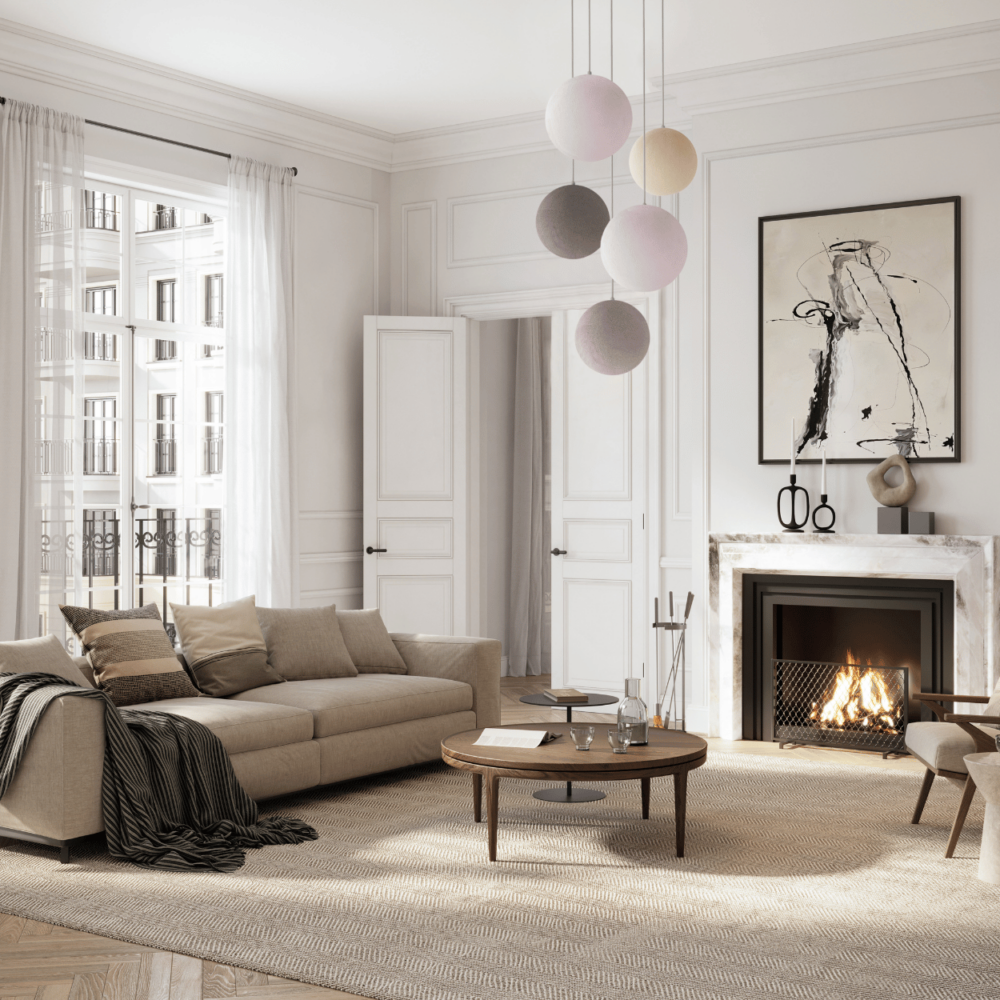 Pendellampe mit Baumwollkugeln in Weiß, Dunkelgrau und Creme – elegante LED Hängeleuchte für Schlafzimmer und Wohnzimmer.