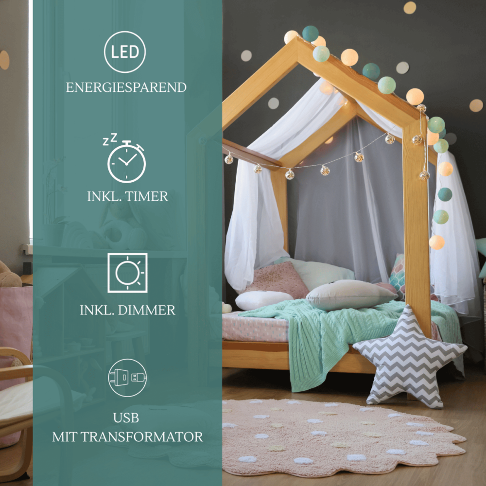 LED Lichterkette Aqua mit Kugeln in Mint, Creme und Blau – batteriebetrieben oder per USB, ideal als Schlummerlicht und Nachtlicht für Kinderzimmer oder Babyzimmer